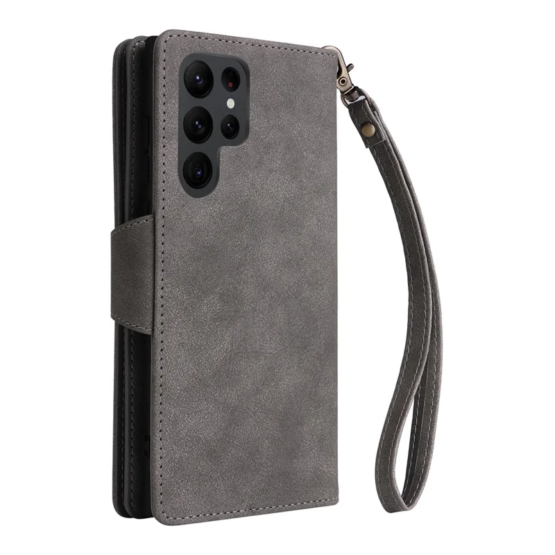 For Samsung Galaxy S23 Ultra Wallet Case Shockproof Leather Phone Cover with Rivet Decor - Grey