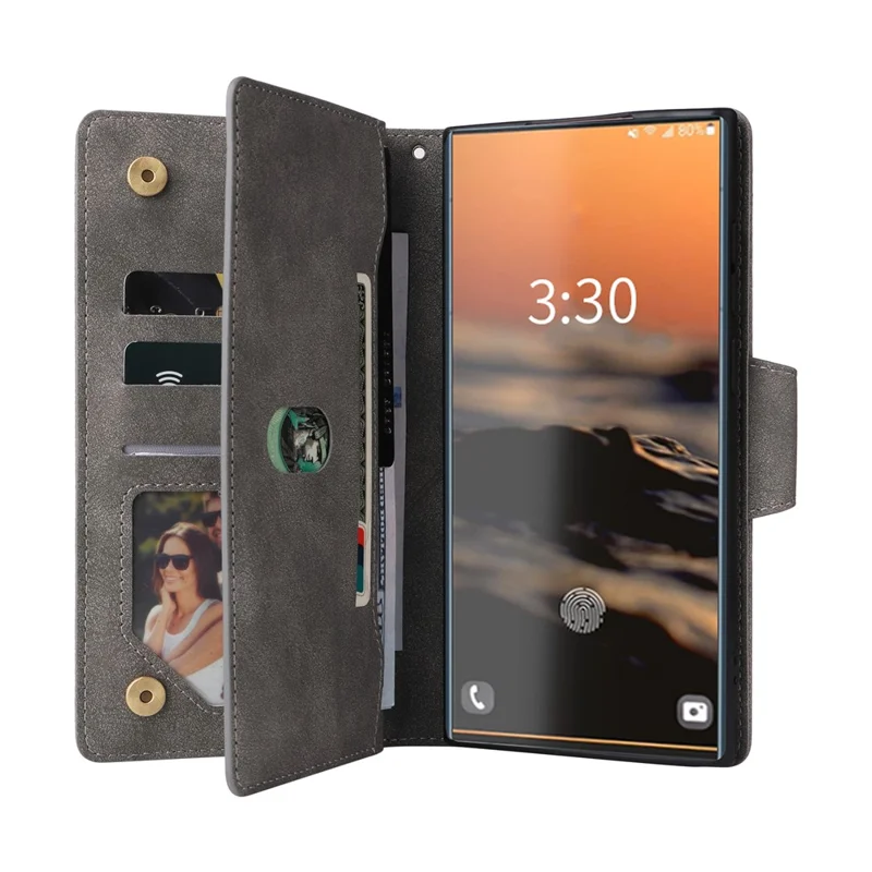 For Samsung Galaxy S23 Ultra Wallet Case Shockproof Leather Phone Cover with Rivet Decor - Grey