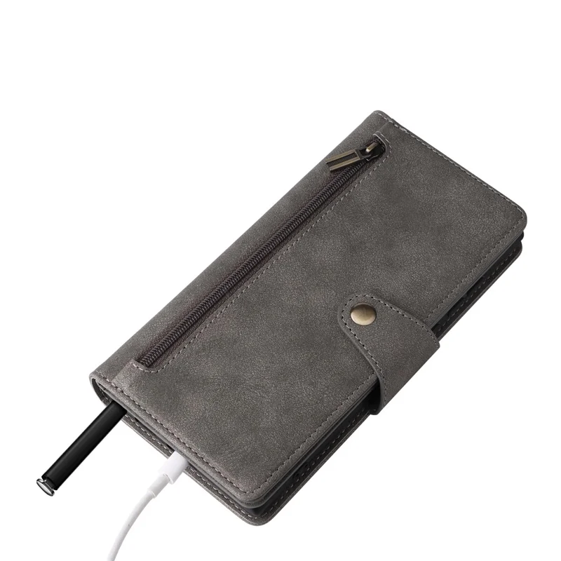 For Samsung Galaxy S23 Ultra Wallet Case Shockproof Leather Phone Cover with Rivet Decor - Grey