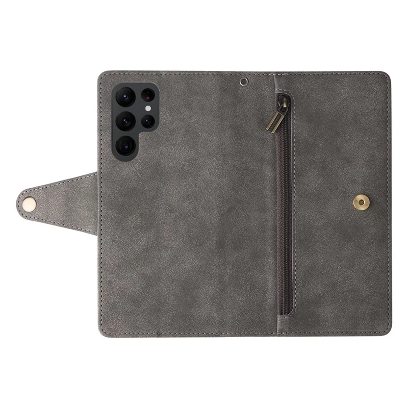 For Samsung Galaxy S23 Ultra Wallet Case Shockproof Leather Phone Cover with Rivet Decor - Grey