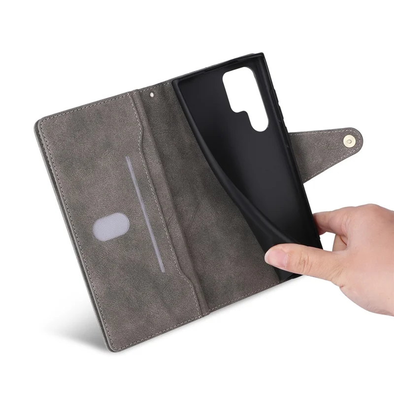 For Samsung Galaxy S23 Ultra Wallet Case Shockproof Leather Phone Cover with Rivet Decor - Grey