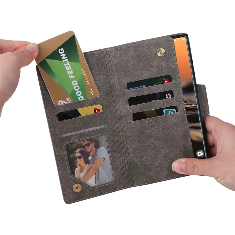 For Samsung Galaxy S23 Ultra Wallet Case Shockproof Leather Phone Cover with Rivet Decor - Grey