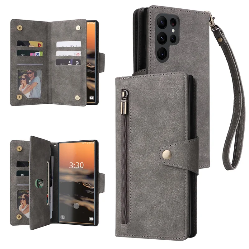 For Samsung Galaxy S23 Ultra Wallet Case Shockproof Leather Phone Cover with Rivet Decor - Grey