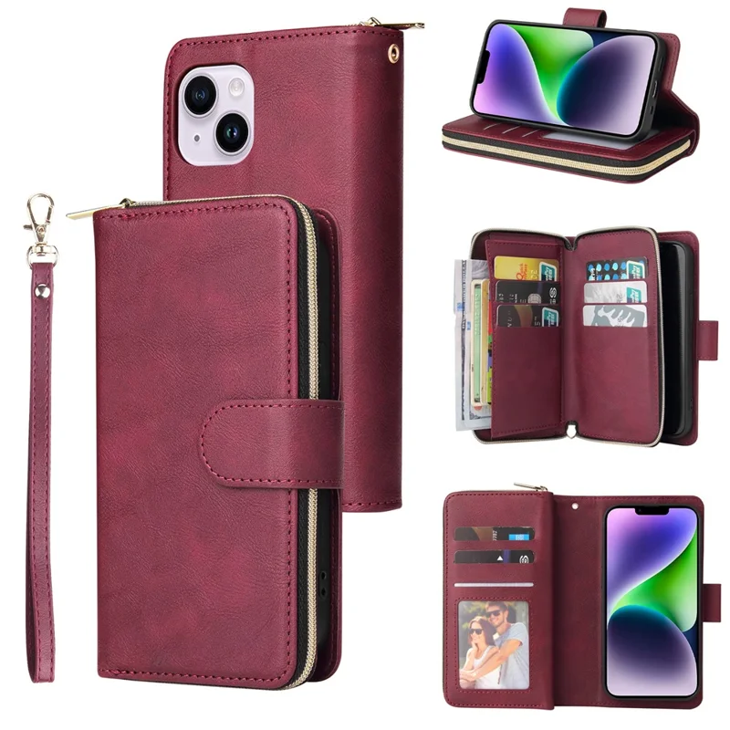 For iPhone 14 Plus Case Zipper Pocket TPU+PU Leather Phone Stand Cover - Wine Red