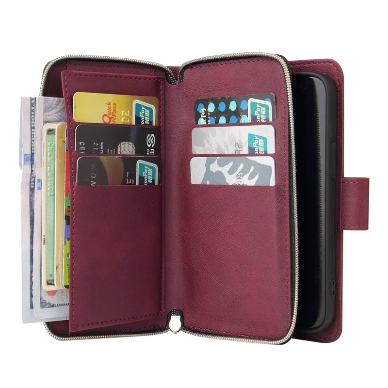 For iPhone 14 Plus Case Zipper Pocket TPU+PU Leather Phone Stand Cover - Wine Red