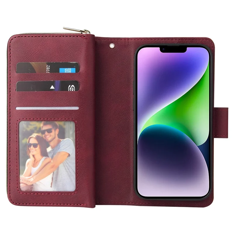 For iPhone 14 Plus Case Zipper Pocket TPU+PU Leather Phone Stand Cover - Wine Red