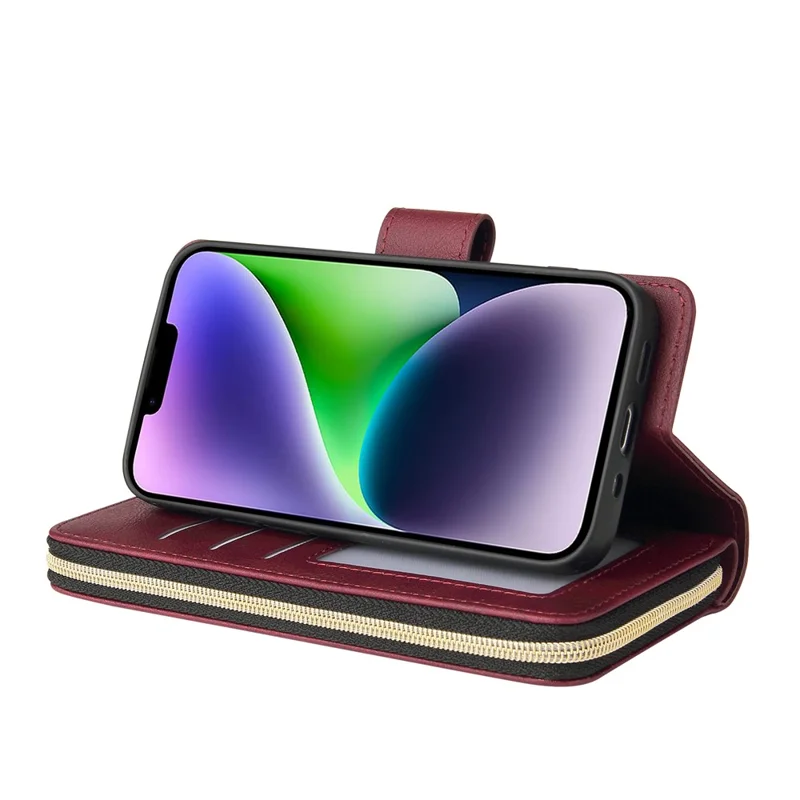 For iPhone 14 Plus Case Zipper Pocket TPU+PU Leather Phone Stand Cover - Wine Red