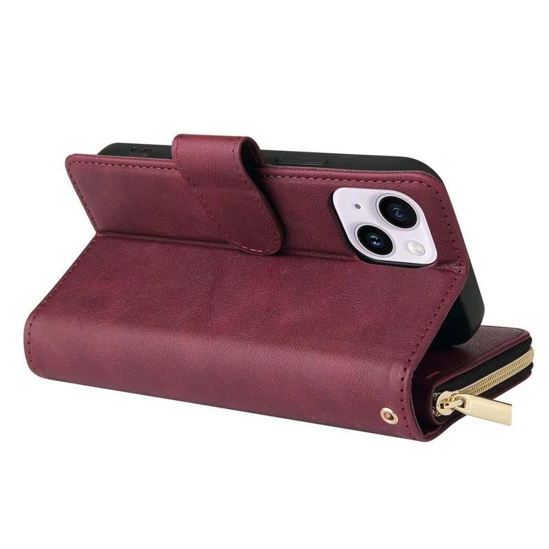 For iPhone 14 Plus Case Zipper Pocket TPU+PU Leather Phone Stand Cover - Wine Red