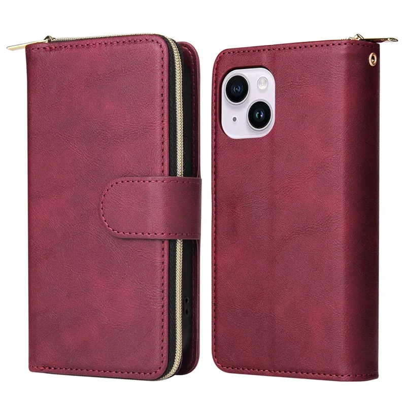 For iPhone 14 Plus Case Zipper Pocket TPU+PU Leather Phone Stand Cover - Wine Red