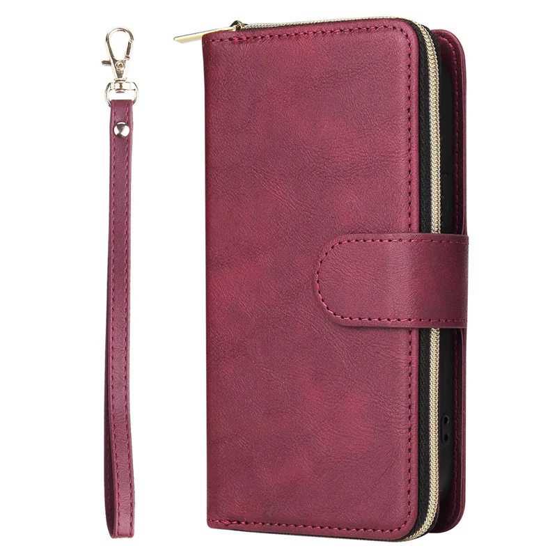 For iPhone 14 Plus Case Zipper Pocket TPU+PU Leather Phone Stand Cover - Wine Red