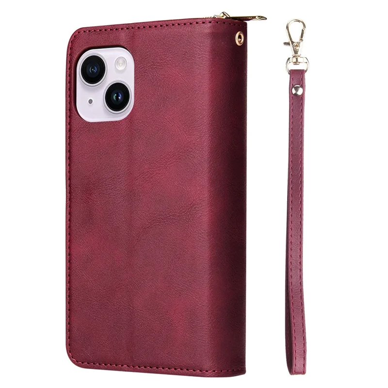 For iPhone 14 Plus Case Zipper Pocket TPU+PU Leather Phone Stand Cover - Wine Red