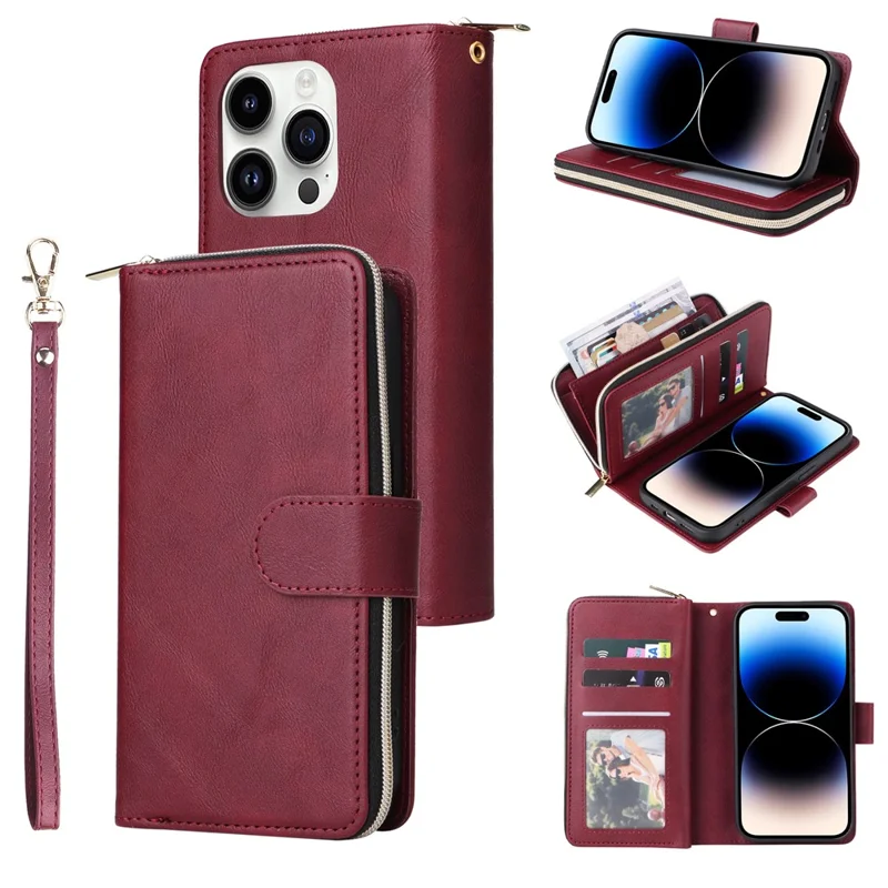 For iPhone 14 Pro Case Zipper Pocket TPU+PU Leather Flip Stand Phone Shell - Wine Red