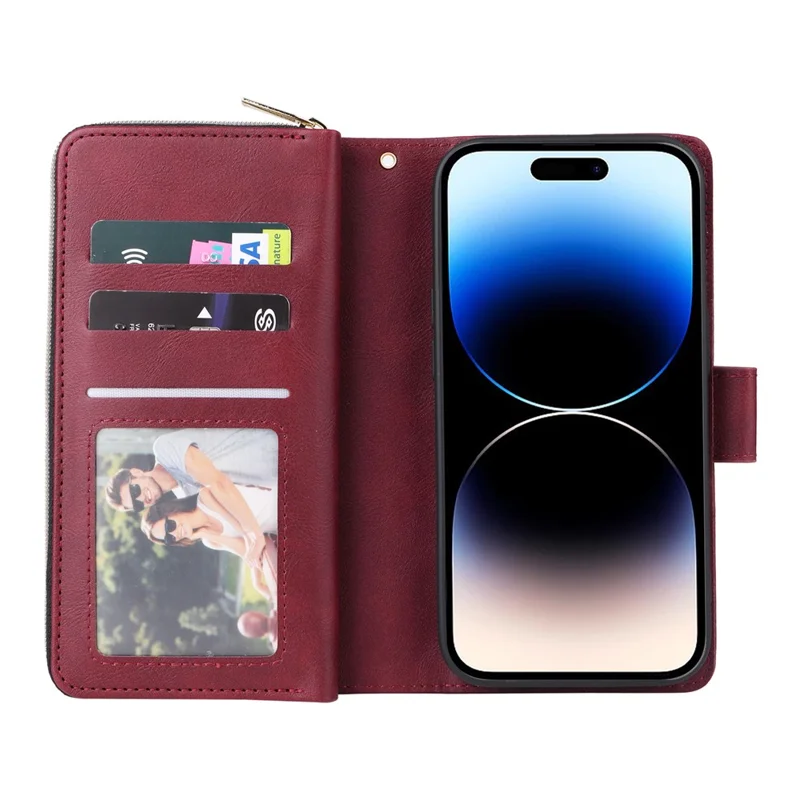 For iPhone 14 Pro Case Zipper Pocket TPU+PU Leather Flip Stand Phone Shell - Wine Red