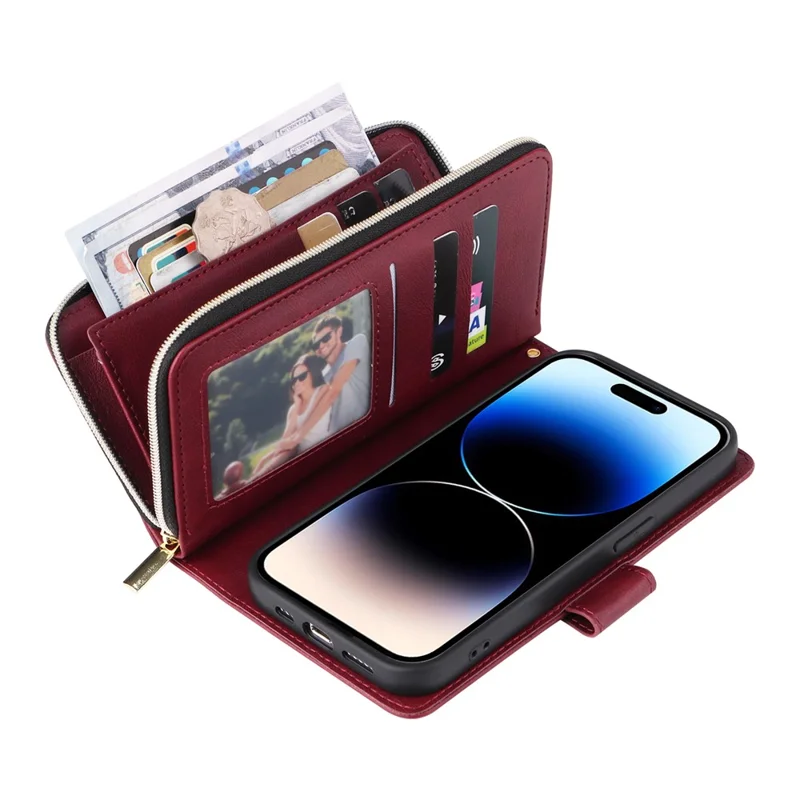 For iPhone 14 Pro Case Zipper Pocket TPU+PU Leather Flip Stand Phone Shell - Wine Red