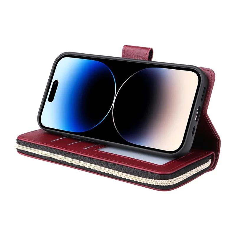 For iPhone 14 Pro Case Zipper Pocket TPU+PU Leather Flip Stand Phone Shell - Wine Red