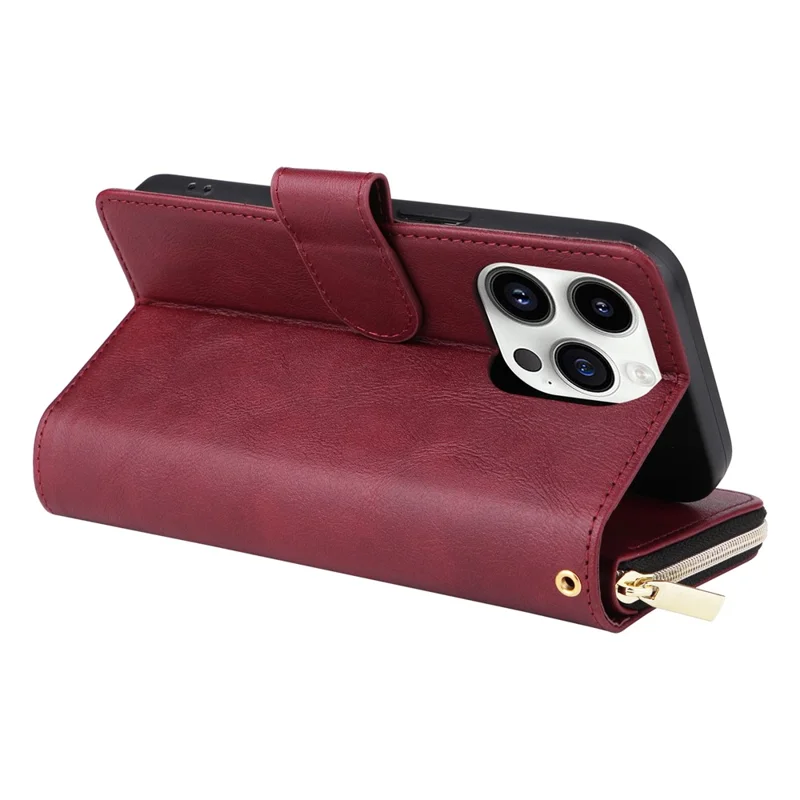 For iPhone 14 Pro Case Zipper Pocket TPU+PU Leather Flip Stand Phone Shell - Wine Red