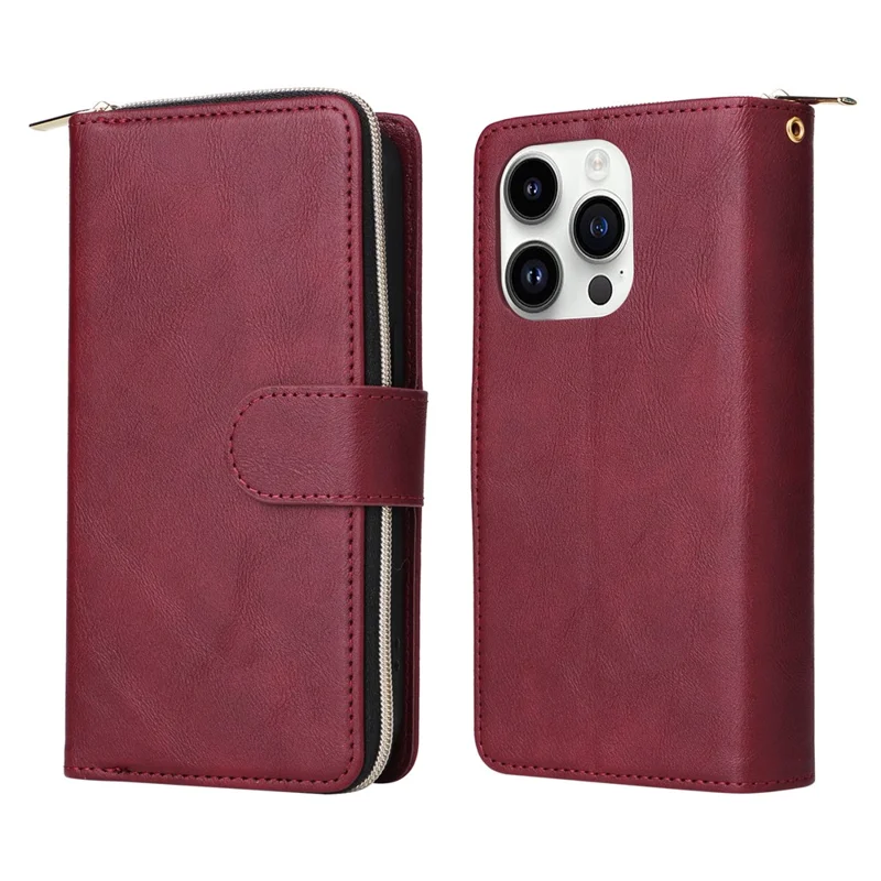 For iPhone 14 Pro Case Zipper Pocket TPU+PU Leather Flip Stand Phone Shell - Wine Red