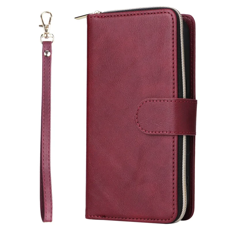 For iPhone 14 Pro Case Zipper Pocket TPU+PU Leather Flip Stand Phone Shell - Wine Red