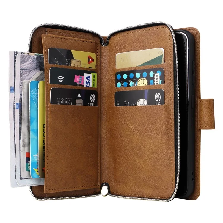 Pour Samsung Galaxy S23 Étui 9 fentes pour cartes Coque de téléphone portable en cuir PU avec sangle à la main - Marron