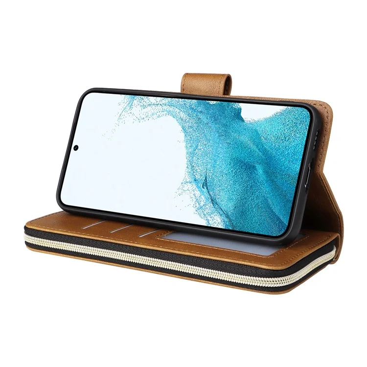 Pour Samsung Galaxy S23 Étui 9 fentes pour cartes Coque de téléphone portable en cuir PU avec sangle à la main - Marron