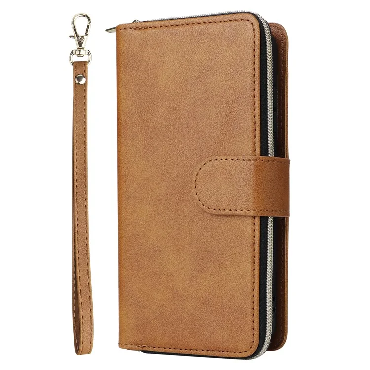 Pour Samsung Galaxy S23 Étui 9 fentes pour cartes Coque de téléphone portable en cuir PU avec sangle à la main - Marron