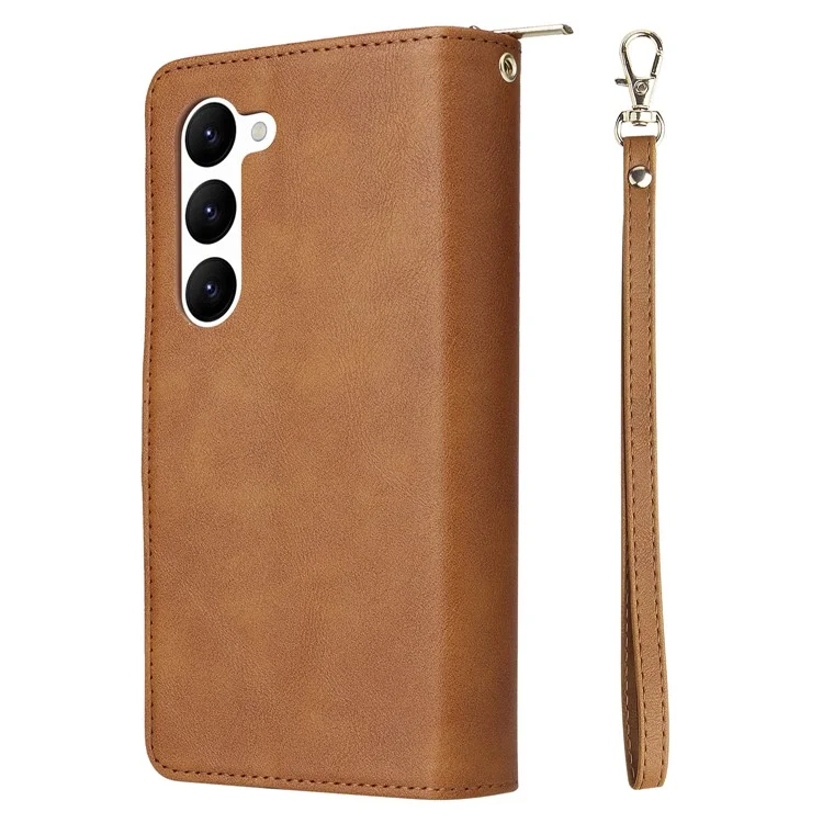 Pour Samsung Galaxy S23 Étui 9 fentes pour cartes Coque de téléphone portable en cuir PU avec sangle à la main - Marron