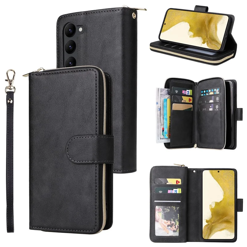 For Samsung Galaxy S23+ Case Zipper Pocket Wallet PU Leather Phone Cover - Black