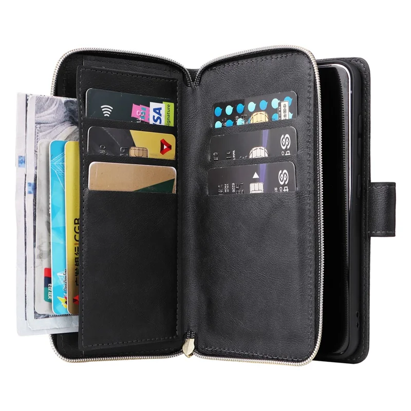 For Samsung Galaxy S23+ Case Zipper Pocket Wallet PU Leather Phone Cover - Black