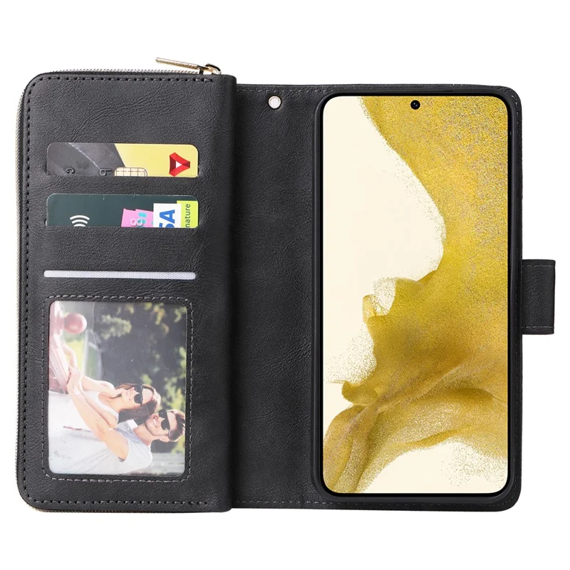 For Samsung Galaxy S23+ Case Zipper Pocket Wallet PU Leather Phone Cover - Black