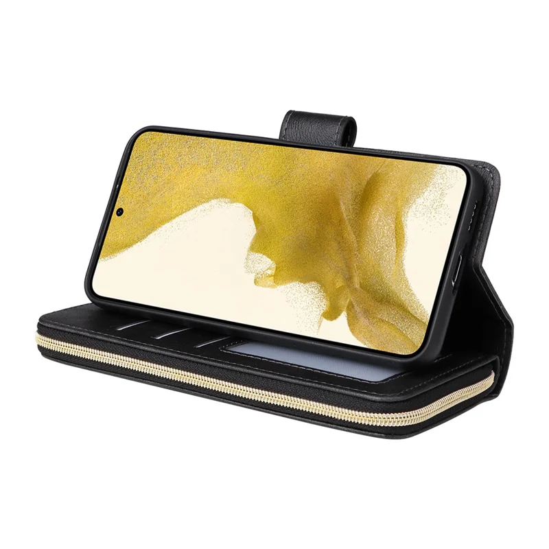 For Samsung Galaxy S23+ Case Zipper Pocket Wallet PU Leather Phone Cover - Black