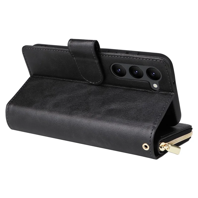 For Samsung Galaxy S23+ Case Zipper Pocket Wallet PU Leather Phone Cover - Black