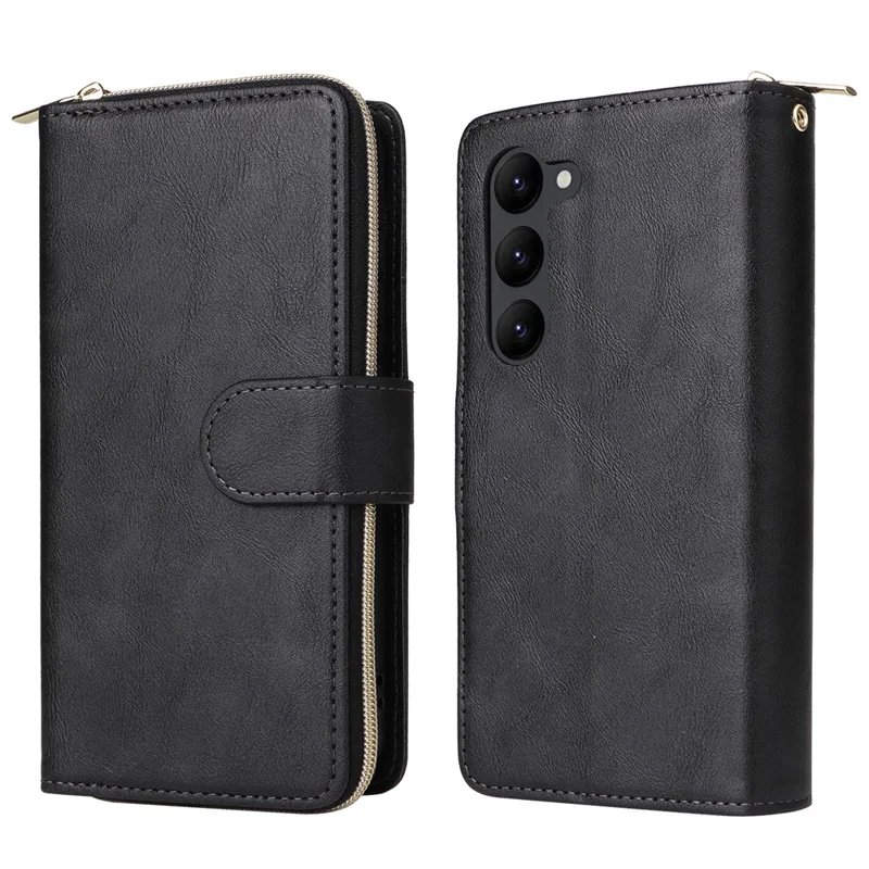 For Samsung Galaxy S23+ Case Zipper Pocket Wallet PU Leather Phone Cover - Black
