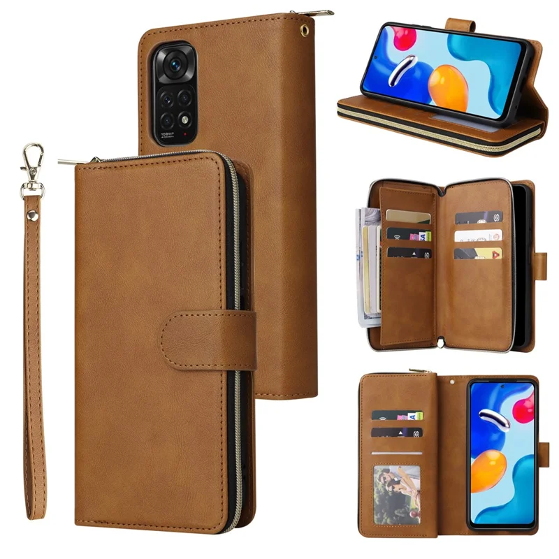 For Xiaomi Redmi Note 11S 4G / Note 11 4G (Qualcomm) Case Zipper Wallet Phone Leather Cover - Brown