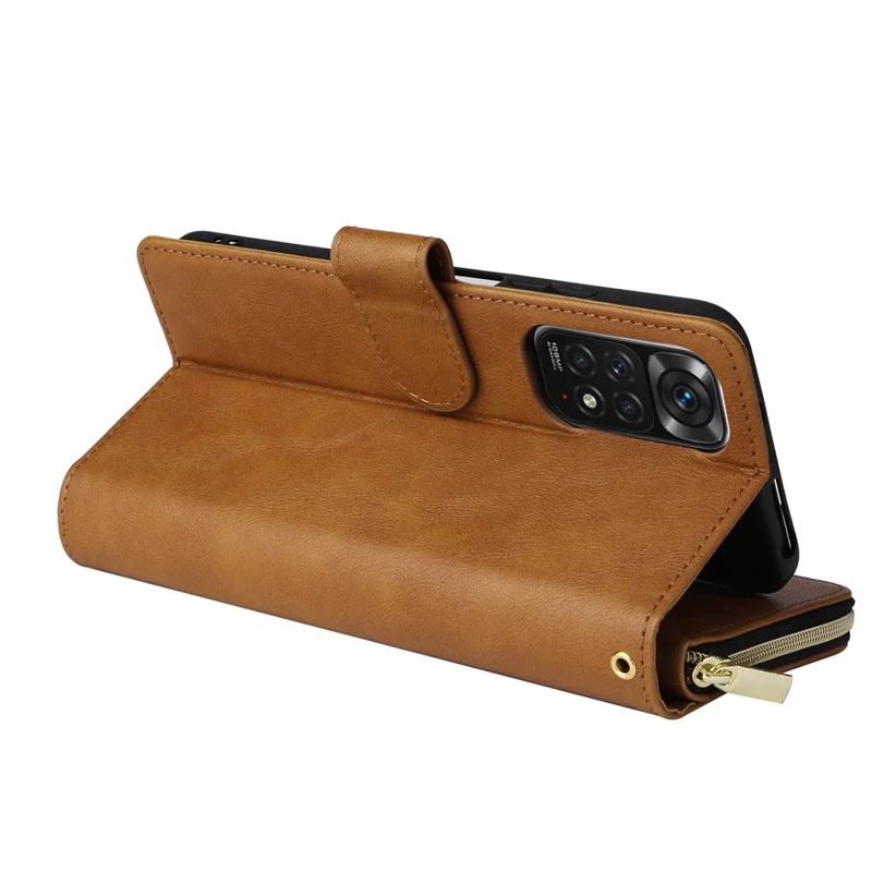 For Xiaomi Redmi Note 11S 4G / Note 11 4G (Qualcomm) Case Zipper Wallet Phone Leather Cover - Brown