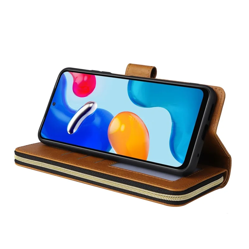 For Xiaomi Redmi Note 11S 4G / Note 11 4G (Qualcomm) Case Zipper Wallet Phone Leather Cover - Brown