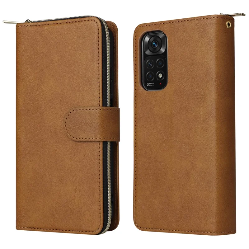 For Xiaomi Redmi Note 11S 4G / Note 11 4G (Qualcomm) Case Zipper Wallet Phone Leather Cover - Brown