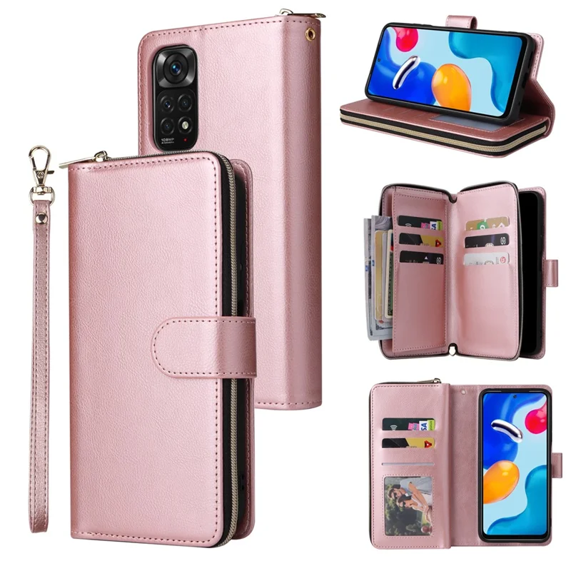 For Xiaomi Redmi Note 11S 4G / Note 11 4G (Qualcomm) Case Zipper Wallet Phone Leather Cover - Rose Gold