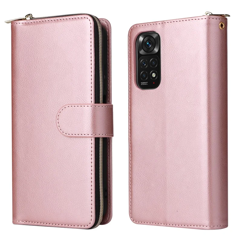 For Xiaomi Redmi Note 11S 4G / Note 11 4G (Qualcomm) Case Zipper Wallet Phone Leather Cover - Rose Gold