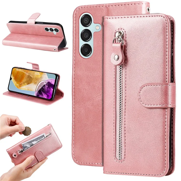 Para Samsung Galaxy M15 5G / F15 5G Funda Textura de Ternera Bolsillo con Cremallera Soporte para Teléfono Funda - Rosa