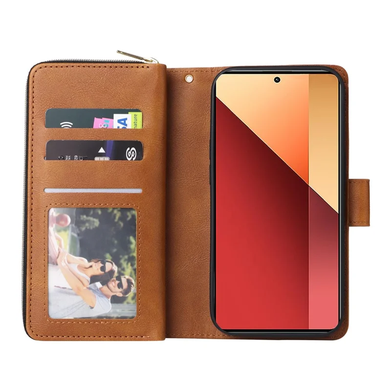 For Xiaomi Redmi Note 13 Pro 4G / Poco M6 Pro 4G Leather Case Zipper Wallet Phone Cover - Brown