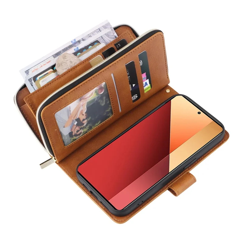For Xiaomi Redmi Note 13 Pro 4G / Poco M6 Pro 4G Leather Case Zipper Wallet Phone Cover - Brown