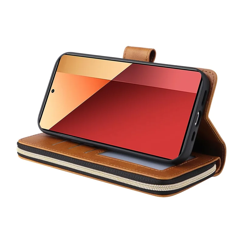 For Xiaomi Redmi Note 13 Pro 4G / Poco M6 Pro 4G Leather Case Zipper Wallet Phone Cover - Brown