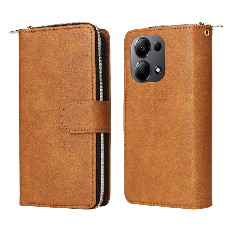 For Xiaomi Redmi Note 13 Pro 4G / Poco M6 Pro 4G Leather Case Zipper Wallet Phone Cover - Brown