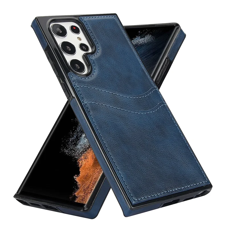 Per Samsung Galaxy S22 Ultra 5G Card Case Phone Back Cover Shockproof PU+TPU Phone Shell - Blu