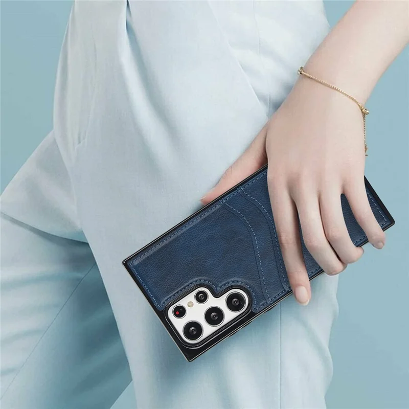 Per Samsung Galaxy S22 Ultra 5G Card Case Phone Back Cover Shockproof PU+TPU Phone Shell - Blu