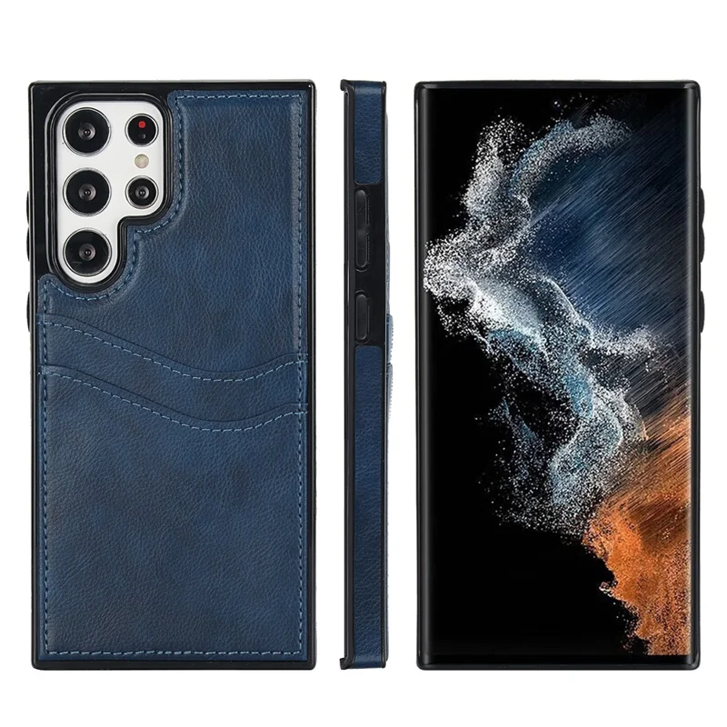 Per Samsung Galaxy S22 Ultra 5G Card Case Phone Back Cover Shockproof PU+TPU Phone Shell - Blu