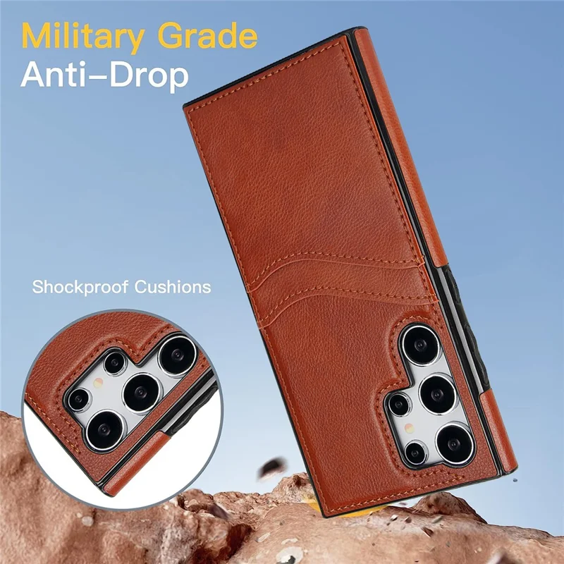 For Samsung Galaxy S24 Ultra Phone Protector Card Slot Scratch-Resistant PU+TPU Phone Case - Brown