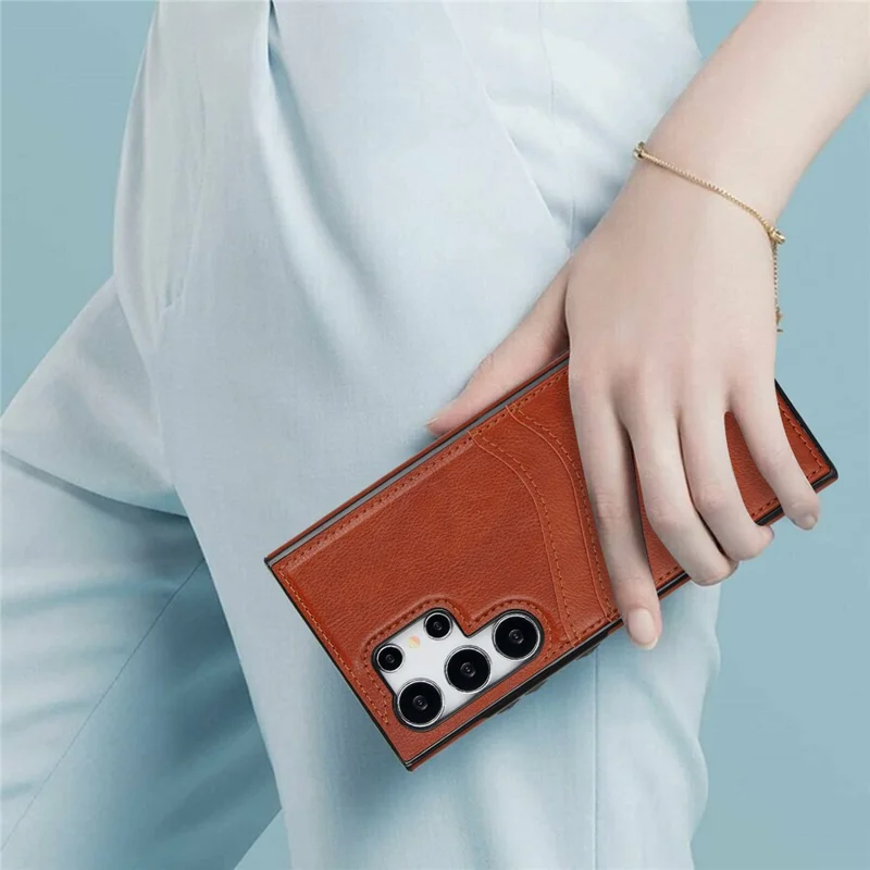 For Samsung Galaxy S24 Ultra Phone Protector Card Slot Scratch-Resistant PU+TPU Phone Case - Brown
