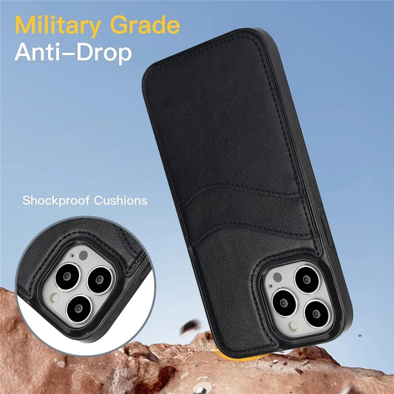 For iPhone 12 / 12 Pro Case Card Holder PU+TPU Phone Shell - Black