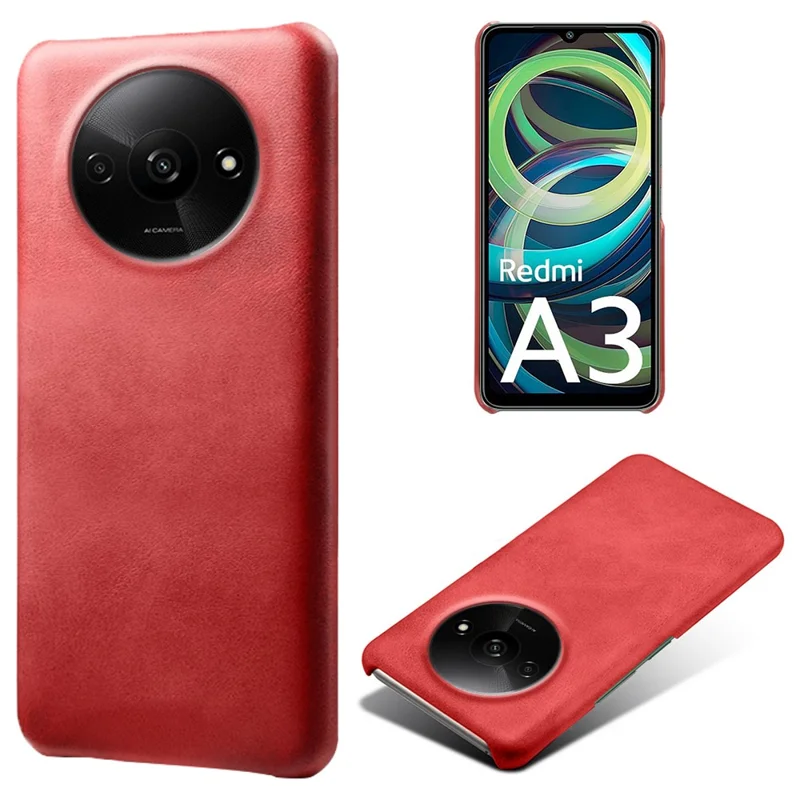 For Xiaomi Redmi A3 4G / Poco C61 4G Case Calf Texture Leather Coated PC Shell Slim Cover - Red